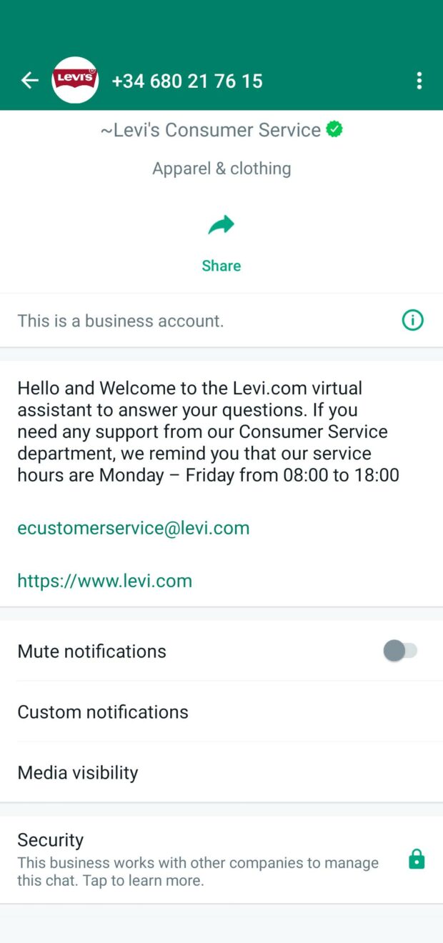 نمایه تجاری واتساپ خدمات مصرف کننده Levi's