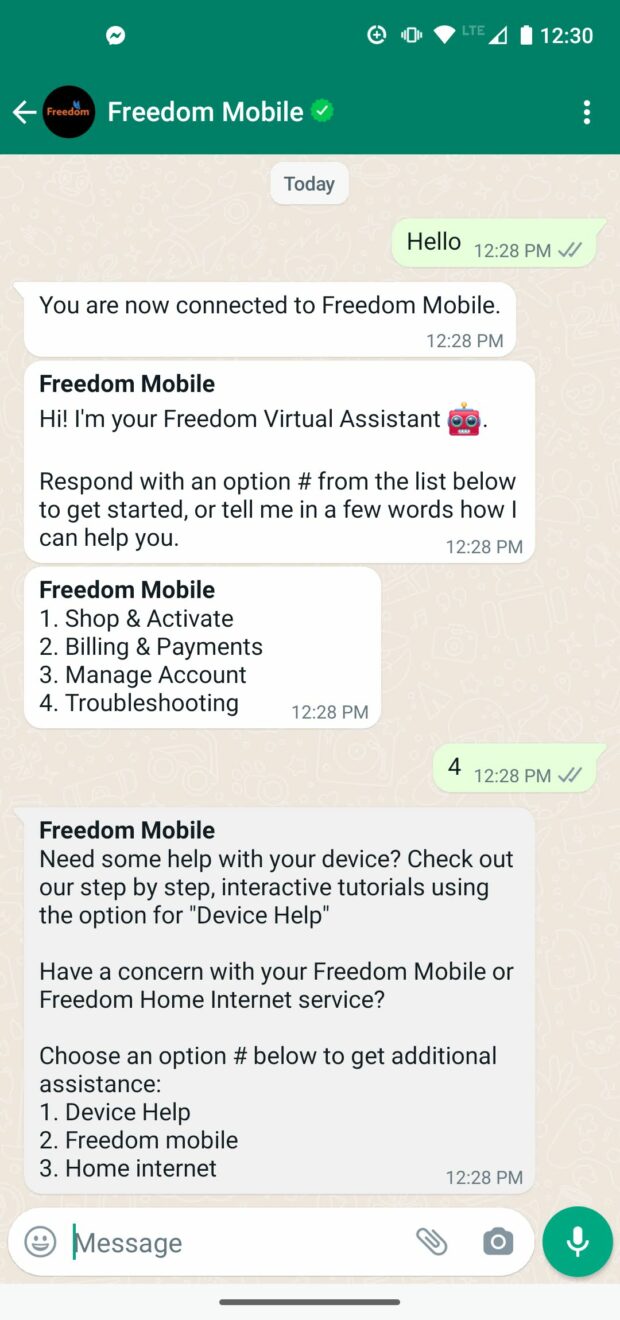 خدمات مشتریان چت بات واتس اپ Freedom Mobile