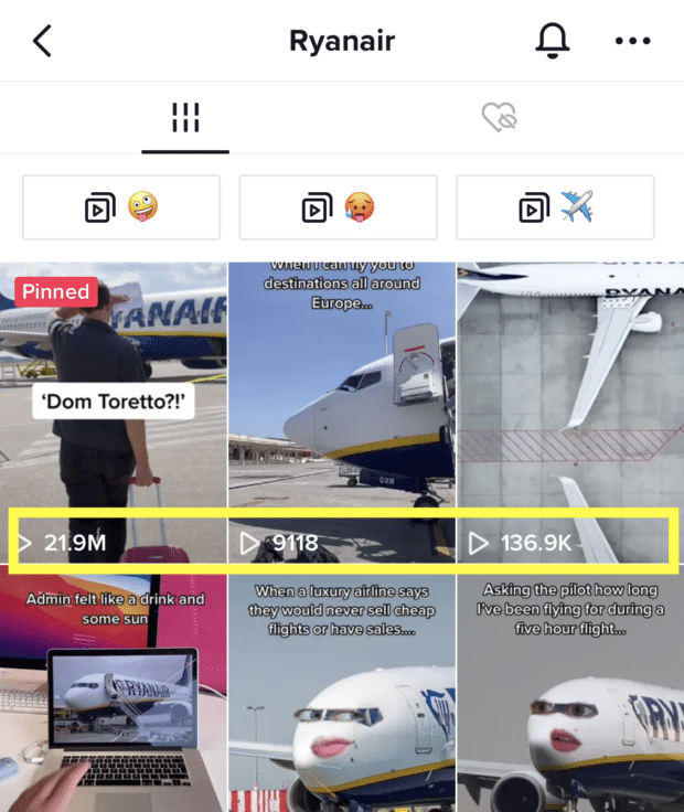 فید TikTok Ryanair با تعداد بازدید که در تصاویر کوچک ویدیو نمایش داده می شود