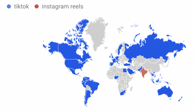 ترندهای جستجوی Google TikTok در مقابل حلقه های اینستاگرام در سراسر جهان