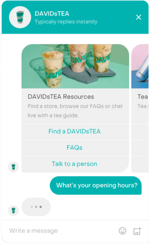 منابع DAVIDsTEA از جمله سؤالات متداول و گزینه صحبت با یک شخص