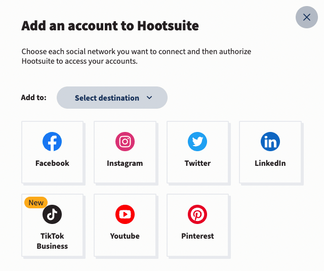 یک حساب کاربری به مقصد انتخابی Hootsuite اضافه کنید