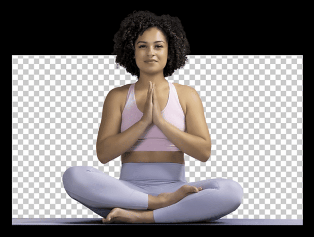 زن در حالت نشسته یوگا در پس زمینه شفاف