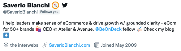 مشاور و مدیر عامل تجارت الکترونیکی Saverio Bianchi [twitter bio example]