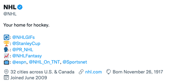 NHL خانه شما برای هاکی [twitter bio example]