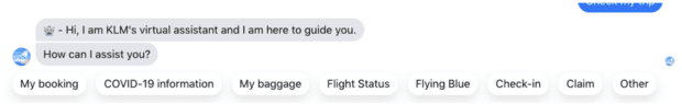 گزینه‌های مکالمه KLM از جمله چمدان اطلاعات COVID-19 و وضعیت پرواز