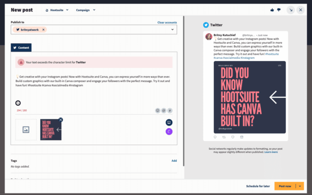 صفحه آهنگساز Hootsuite یک پست برنامه ریزی شده برای توییتر را نشان می دهد که شامل تصویری است که با استفاده از ادغام Canva داخلی Hootsuite ساخته شده است.
